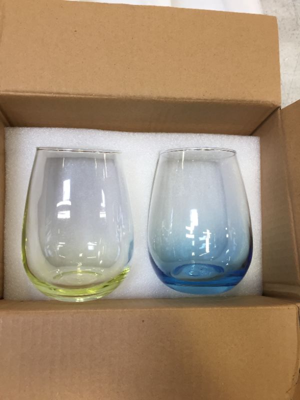 Photo 2 of Colored Stemless Wine Glasses 15 Oz Set of 2, Wine Glasses with Colored Bottom for Men Women Couples Families - Ideal Gift for Birthday Wedding Housewarming Christmas (Blue Yellow)
