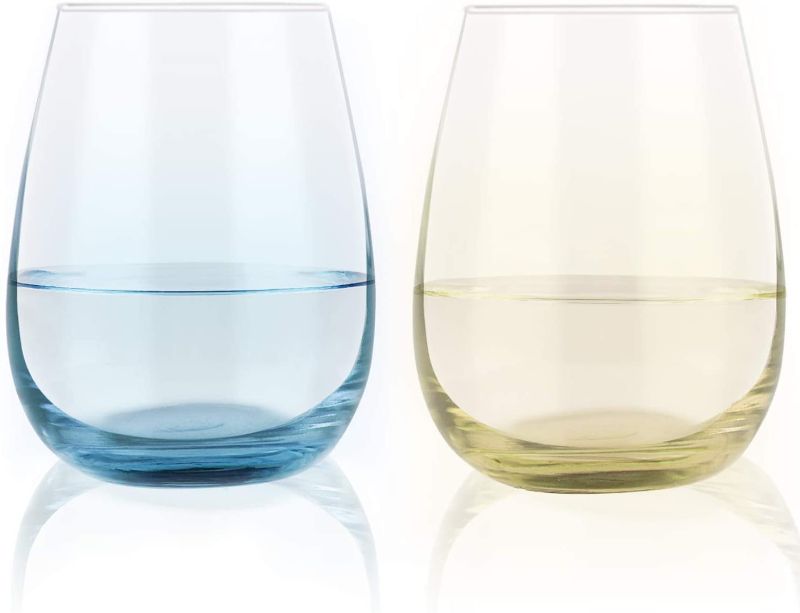 Photo 1 of Colored Stemless Wine Glasses 15 Oz Set of 2, Wine Glasses with Colored Bottom for Men Women Couples Families - Ideal Gift for Birthday Wedding Housewarming Christmas (Blue Yellow)

