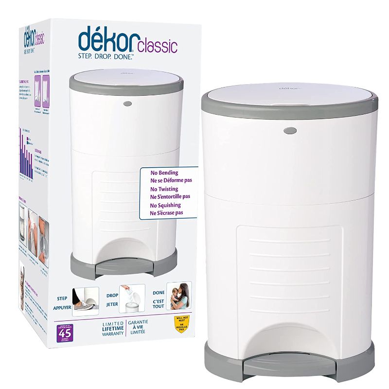 Photo 1 of Dekor Classic Hands-Free Diaper Pail | White | Easiest to Use | Just Step – Drop – Done | Doesn’t Absorb Odors | 20 Second Bag Change | Most Economical Refill System
-- bags not included ---
