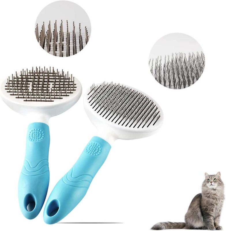 Photo 1 of 2 Packs Pet Hair Brushes for Cat Dog, Dog Cat Slicker Brush for Shedding Grooming Massage Self Cleaning Pet Hair Remover Comb Pet Supplies Efficient for Long & Short Fur, 2 Thick & Thin Teeth Brushes
