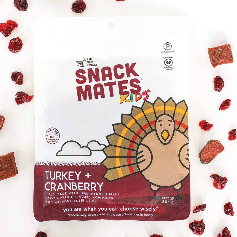 Photo 1 of ?Snack Mates by The New Primal Turkey & Cranberry Bites, High Protein and Low Sugar Kids Snack, Bite-Sized, Certified Paleo, Certified Gluten Free, Soy Free, 2 Oz Per Pack (8 Pack)
