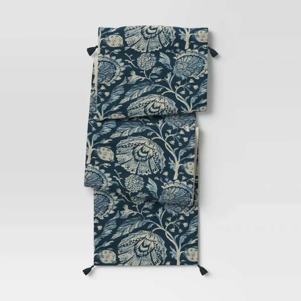 Photo 1 of 108" x 14" Cotton Jacobean Table Runner Blue - Threshold