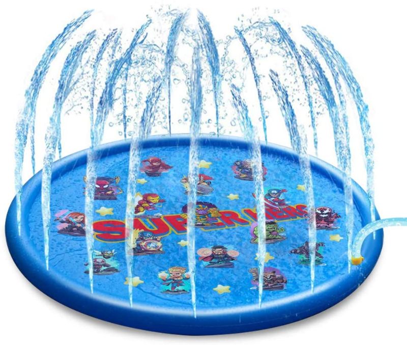 Photo 1 of MOYEE Sprinkler Pad, Splash Pad, 68" Kids Summer Superhero Splash Play Mat Inflatable Sprinkler Play Mat Water Toys Baby Toddler Pool for Outdoor, Ideal for Kids & Toddlers & Dogs
