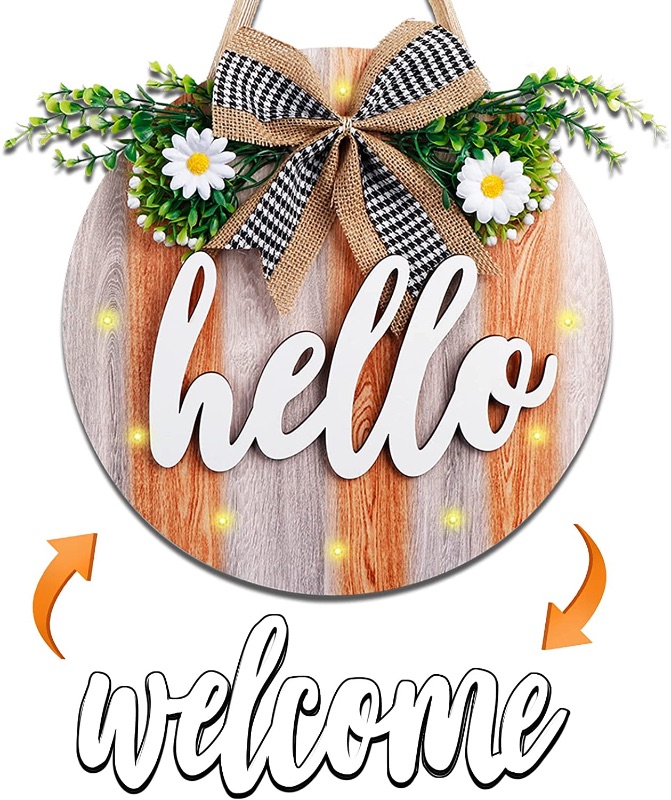 Photo 1 of AerWo Welcome Sign for Front Door Decor, Interchangeable Rustic Welcome Sign Decor with LED Lights, Farmhouse Wooden Thanksgiving Outdoor Sign Harvest Festival Decorations 