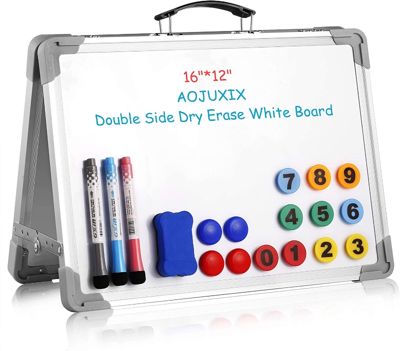 Photo 1 of Aojuxix Small Dry Erase White Board, Portable Double Side Desk Magnetic Whiteboard with Holder for Kids Drawing Teacher Instruction and Office Meeting, 16x12 Inch
