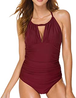 Photo 1 of Dixperfect Women's Tummy Control One Piece Swimsuit High Neck Cutout Halter Monokini Bathing Suit M, Wine Red