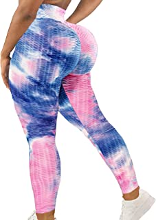 Photo 1 of Msicyness Tiktok Leggings Women's High Waist Yoga Pants Butt Lift Tummy Control Leggings Textured Scrunch Booty Tights the dye Pink & Blue S