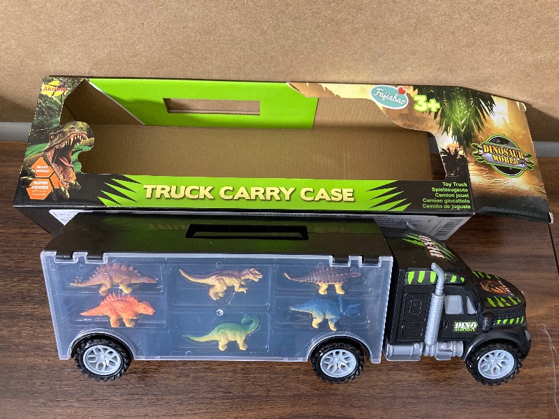 Photo 2 of Dinosaur Truck Carrier – Dinosaurs Playset with 12 Toy Dinosaurs and Car – World Dinosaur Toy Set with Rubber Dinosaur Stampers and XL Playmat for Toddlers Boys & Girls for 3, 4, 5, 6, 7 Years Old