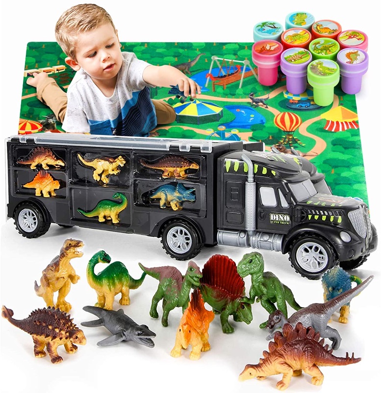 Photo 1 of Dinosaur Truck Carrier – Dinosaurs Playset with 12 Toy Dinosaurs and Car – World Dinosaur Toy Set with Rubber Dinosaur Stampers and XL Playmat for Toddlers Boys & Girls for 3, 4, 5, 6, 7 Years Old