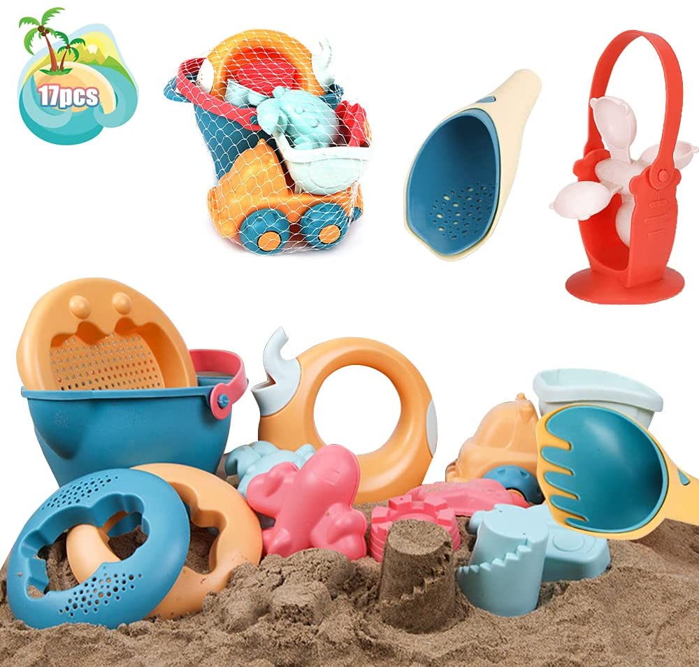 Photo 1 of BIANHUA Kids Beach Sand Toys, 17Pcs Beach Toys Set with Bucket, Sand Molds, Watering Can, Shovels, Sand Sieve,Mesh Bag, Sandbox Toys for Kids and Toddlers, Outdoor Play for Boys, Girls