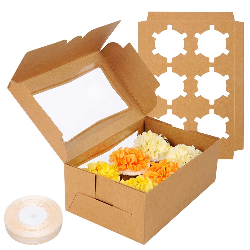 Photo 1 of 24 PCS 6ct Cupcake Boxes with Inserts Disposable Cupcake Carriers Bakery Boxes with Window(Brown)
