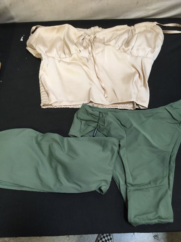 Photo 1 of LARGE TAUPE SILK TOP --SIZE 6 GREEN 2 PC BIKINI 