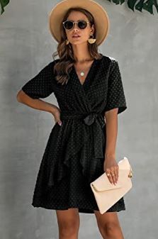 Photo 1 of BTFBM Women Fashion Faux Wrap Swiss Dot V-Neck Short Sleeve High Waist A-Line Ruffle Hem Plain Belt Short Dress--- size medium --Pck of 2 
