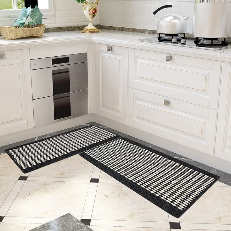 Photo 2 of Kitchen Rugs and Mats Non Skid Washable, Absorbent Runner Rugs for Kitchen, Front of Sink, Hallway , Laundry (Black, 17"x 32"+17"x 32"). Pack of 2
