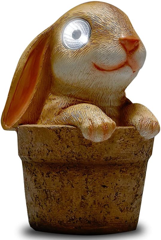 Photo 1 of Yiosax Easter Bunny Decor- Garden Satues Rabbit Figurine Squatting in Flower Pot with Solar Lights for Outdoor Patio Yard Lawn Porch Ornament Decorations?7.01inch Tall?
