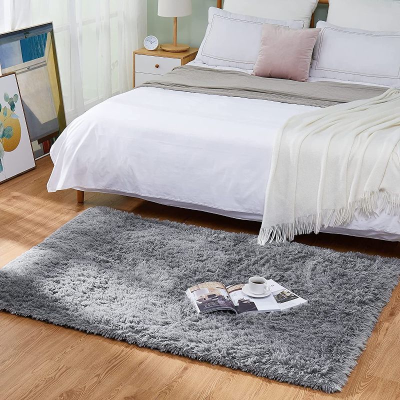 Photo 1 of BAYKA Machine Washable Fluffy Area Rug Indoor Ultra Soft Shag Area Rug for Bedroom,Area Rug for Living Room,Non-Slip Floor Carpet , 4 x 5.3 Feet, Grey
