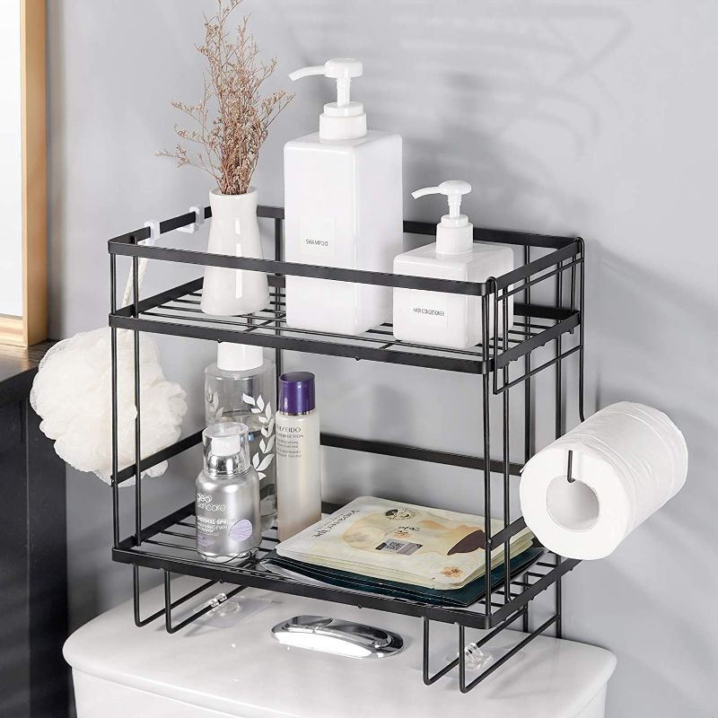 Photo 1 of Bathroom Over The Toilet Storage Shelf, 2-Tier Black Iron Bathroom Organizer with Hanging Hook & Adhesive Base & Toilet Paper Holder, No Drilling Space Saver with Wall Mounting Design…

