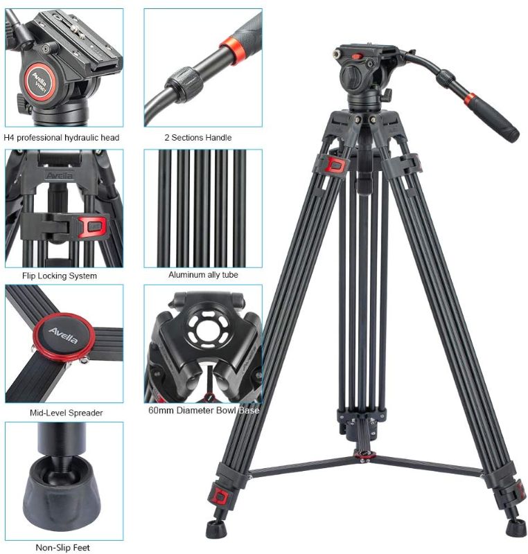 Photo 1 of Video Tripod, Avella VH501 72 inch Professional Heavy Duty Aluminum Tripod, with Detachable Fluid Drag Pan Tilt Head Max Loading 13.2 LB, for Canon Nikon Sony Olympus Panasonic DSLR Camcorder
