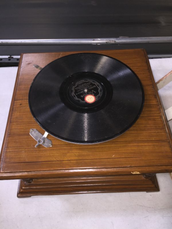 Photo 1 of Antique Replica Dark Wood Phonograph Gramophone (used for parts horn is dented)