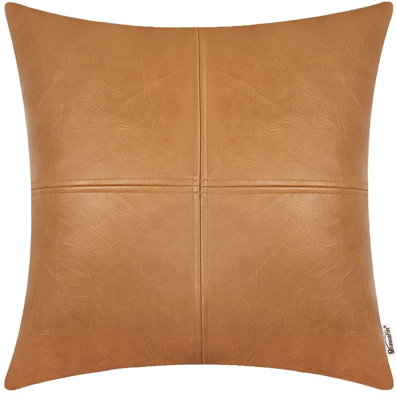 Photo 1 of Brawarm Faux Leather Throw Pillow Covers, Moden Boho Leather Pillow Covers Cases, Decorative Pillows Couch for Living Room Garden Bed Sofa Chair 20 X 20 Inches Tan
