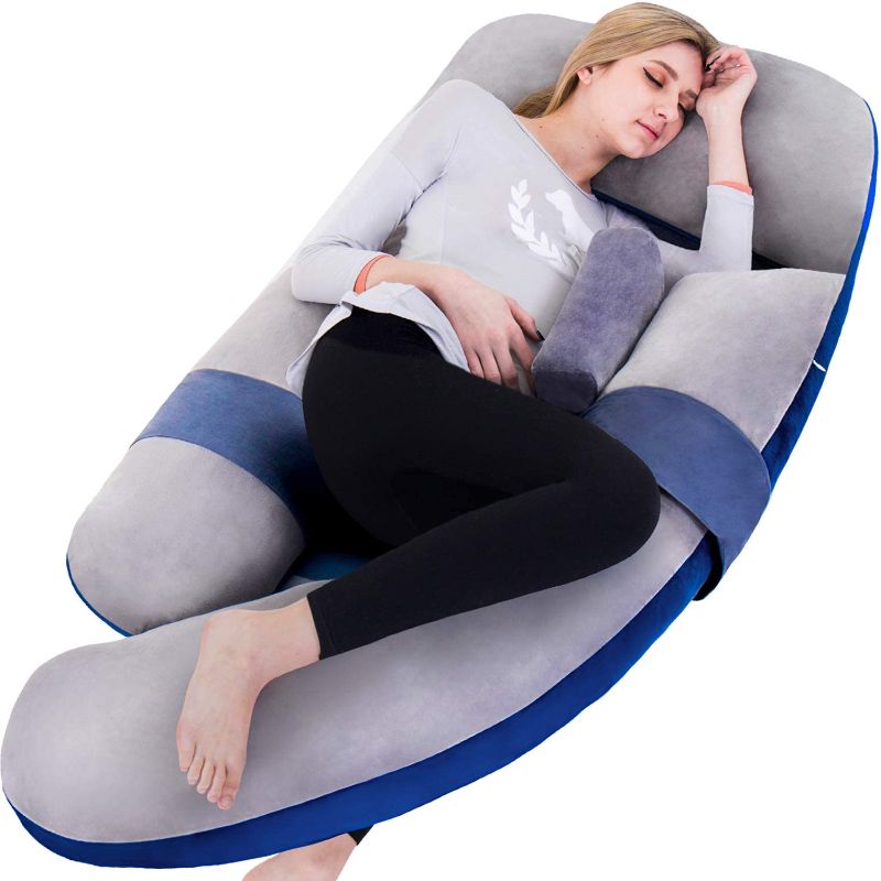 Photo 1 of 60in Full Body Pillow | Nursing, Maternity and Pregnancy Body Pillow | Awesling Extra Large U Shape Pillow and Lounger with Detachable Side, Separate Support Pillow and Removable Cover (Grey Blue)
