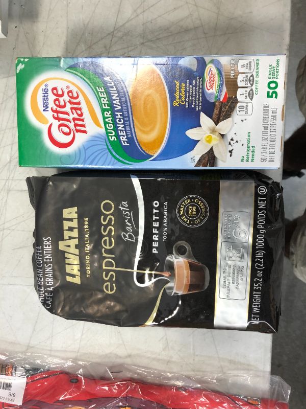 Photo 2 of Coffee-mate Sugar-Free French Vanilla Creamer, 0.375oz, 50/Box and a bag of Lavazza, Gran Aroma Whole Bean Coffee, 2.2 lb