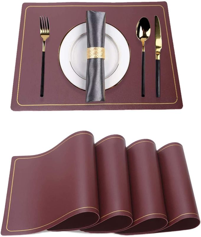 Photo 1 of ?Best Placemat in 2021? Placemats Set of 4 Washable Print PU Synthetic Leather Place Mats for Dining Kitchen(Burgundy