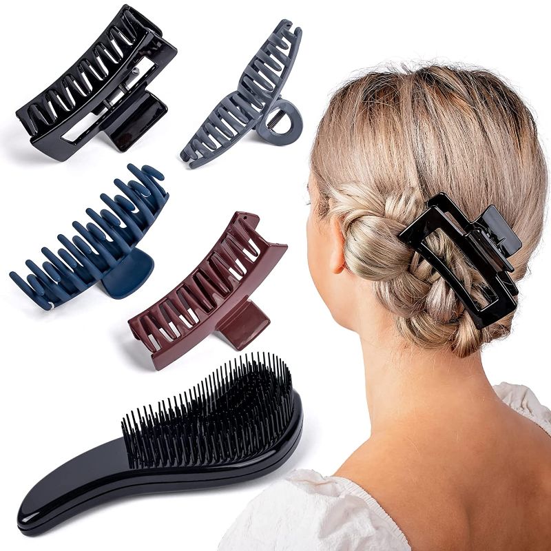 Photo 1 of Claw Hair Clips with Detangling Brush - Unique 4 Different Style Size Color Strands Styling Accessories - Everyday Professional Jaw Clip for Women Sturdy Construction - Kids Locks Detangler 2 pack 