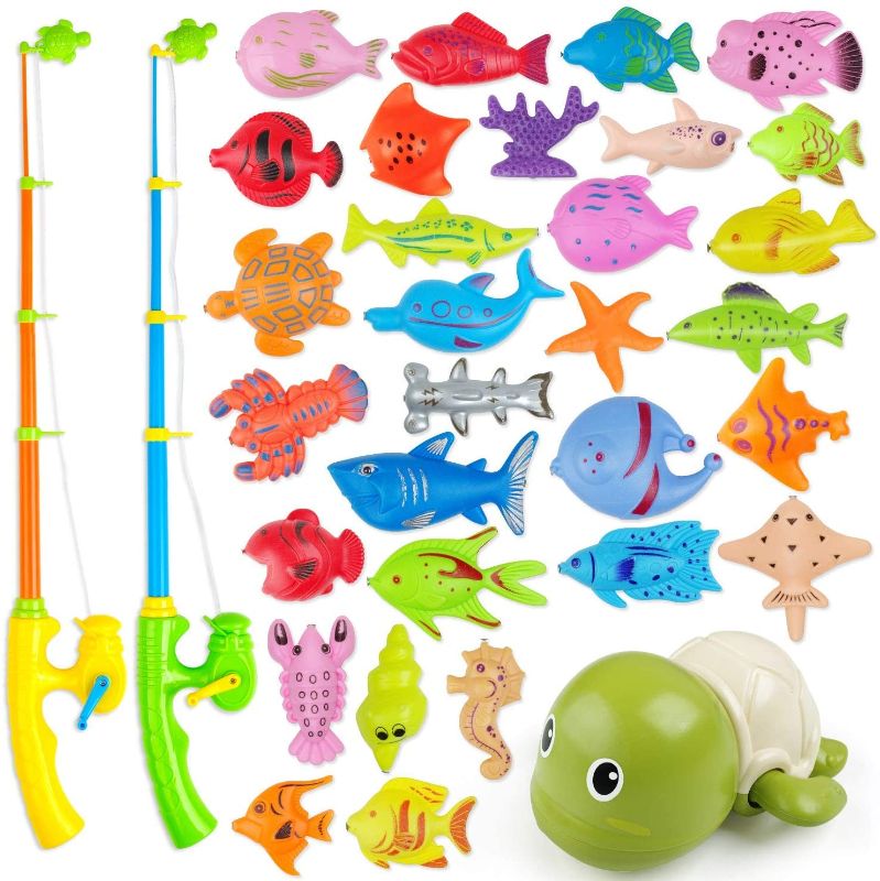 Photo 1 of Magnetic Fishing Game Water Toy - 2 Fishing Poles, 1 Wind Up Swimming Turtle and 30 Colorful Magnetic Fish for Kiddie Pool, Water Table or Bath Fun