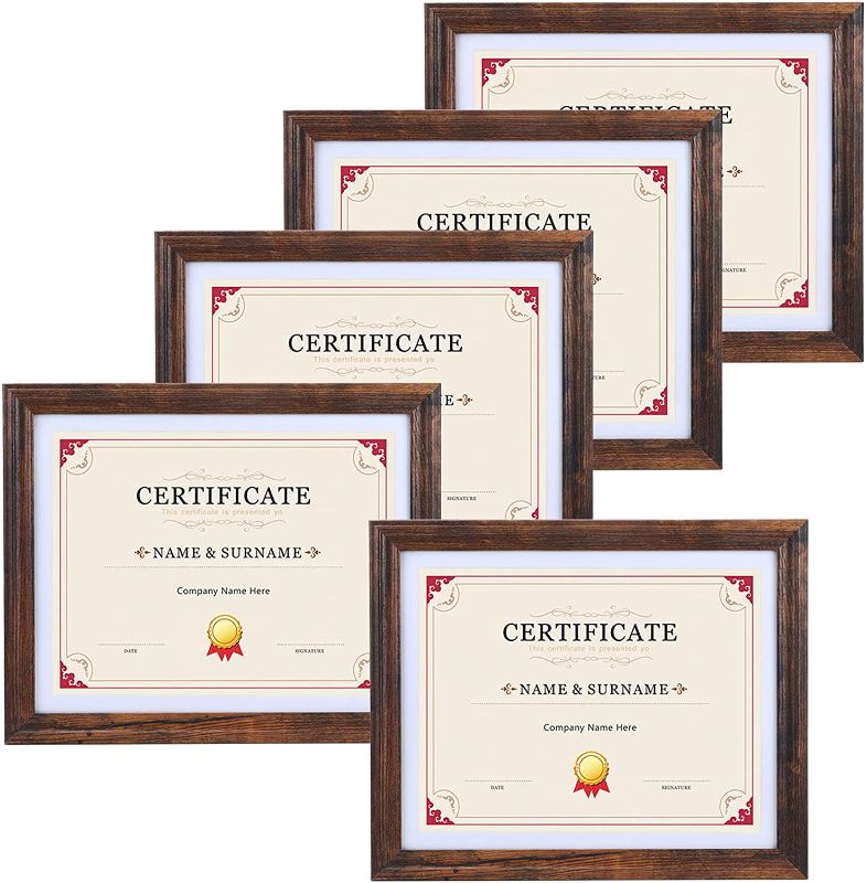 Photo 1 of  8.5x11 Certificate Frames Set of 5, Picture Frame with Mat to Display 8.5 by 11 Diploma Awards Documents for Wall Tabletop, Brown