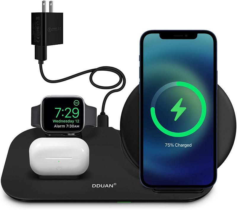 Photo 1 of DDUAN Wireless Charger, 3 in 1 Qi Fast Charging Station Dock Compatible for Apple Watch, AirPods Pro/1/2, Charging Stand for iPhone 12/11/Pro/Max/XR/XS/XS