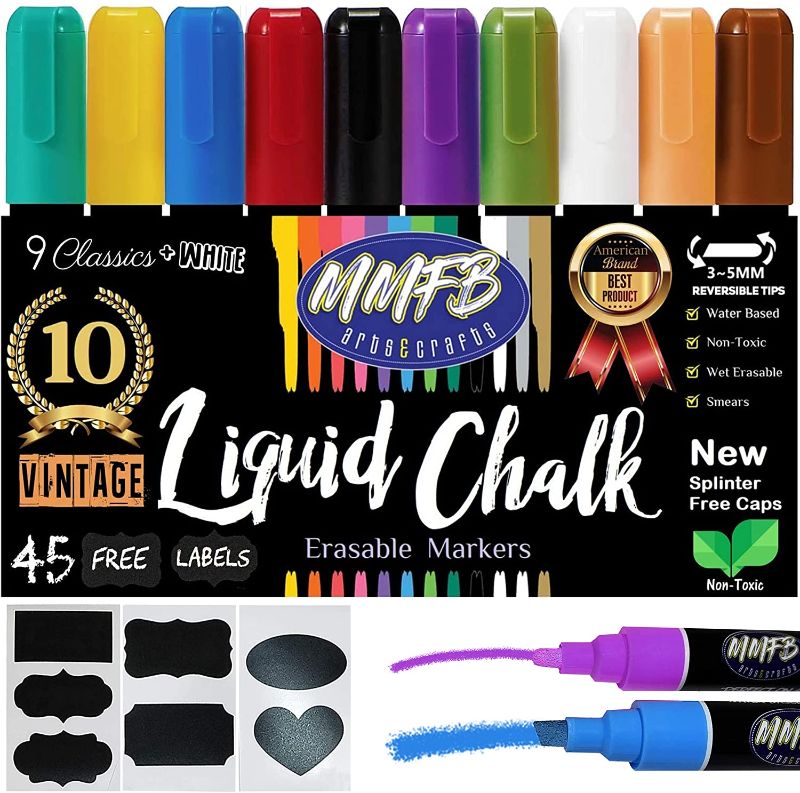 Photo 1 of MMFB Arts & Crafts Chalk Markers - Pack of 10 Liquid Chalk Paint Pens with 5mm Tips for Window, Car, Glass & School Use - 45 Chalkboard Labels Included - Earthy Vintage Classic
