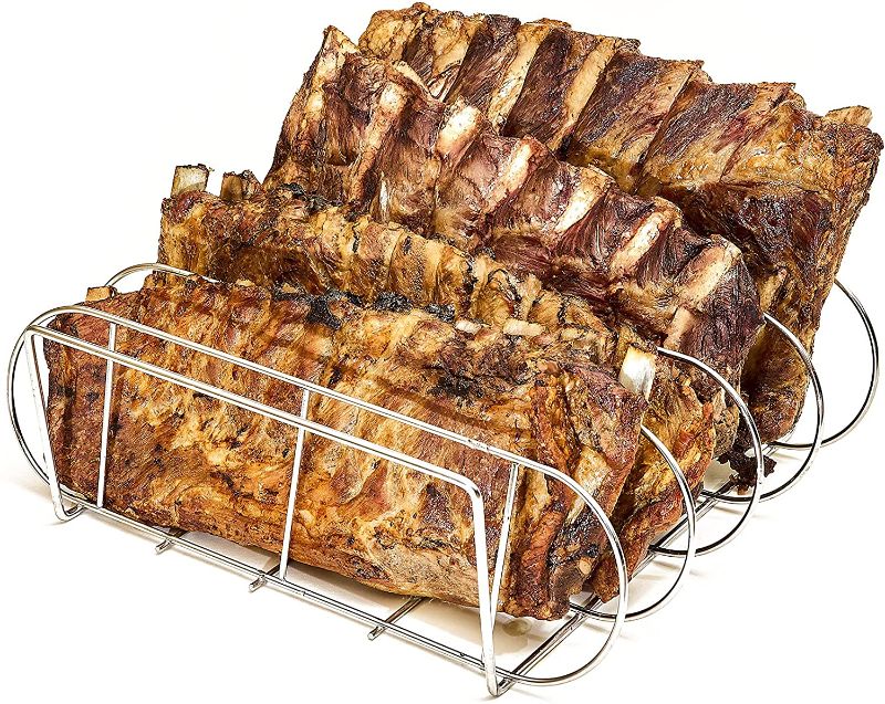 Photo 1 of Extra Long and Wide Beef or Pork Rib Rack for Smoking or Grilling - Holds 4 Beef or Pork Ribs - Chemical Free Stainless Steel - Extra Bars for Support - Wider Design for More Airflow and Thicker Ribs