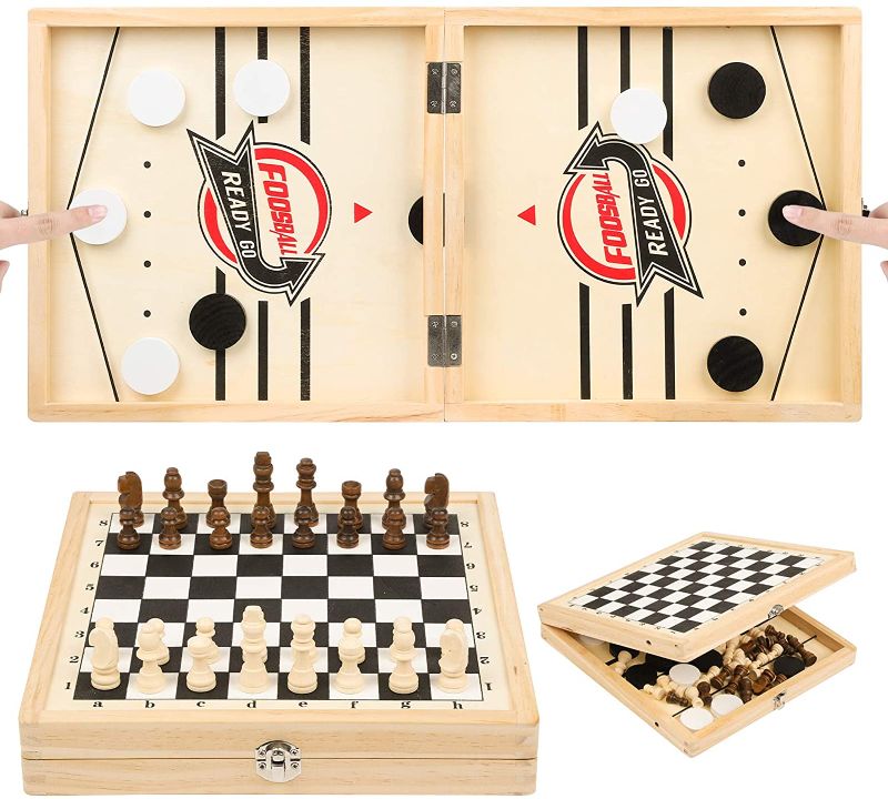 Photo 2 of 23.6 x 11.8 in Foldable Fast Sling Puck Game & Chess 2 in 1 Set, Wooden Hockey Game, Slingshot Board Portable Wooden Game for Kids and Adults, Parent-Child Interactive Desktop Game for Family Party
