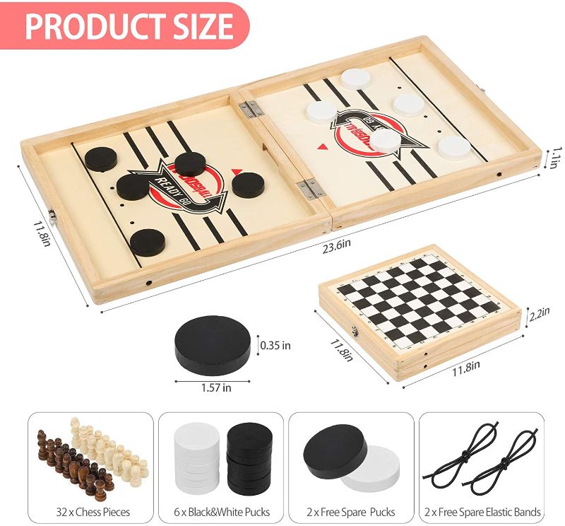 Photo 1 of 23.6 x 11.8 in Foldable Fast Sling Puck Game & Chess 2 in 1 Set, Wooden Hockey Game, Slingshot Board Portable Wooden Game for Kids and Adults, Parent-Child Interactive Desktop Game for Family Party
