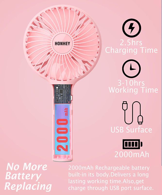 Photo 2 of HonHey Handheld Fan Portable, Mini Hand Held Fan with USB Rechargeable Battery, 3 Speed Personal Desk Table Fan with Base, 8-12 Hours Operated Small Makeup Eyelash Fan for Women Girls Kids Outdoor
