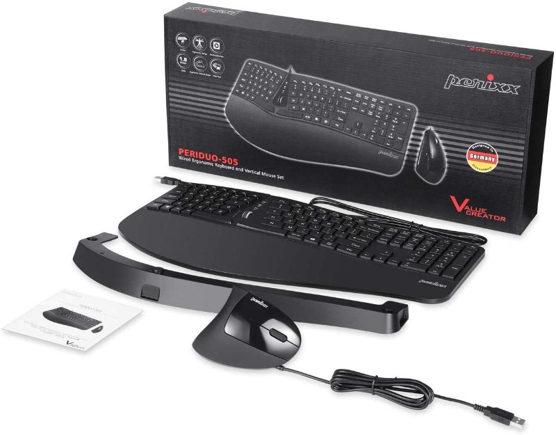 Photo 1 of Perixx Periduo-505, Wired USB Ergonomic Split Keyboard and Vertical Mouse Combo with Adjustable Palm Rest and Short Tactical Membrane Keys, US English Layout
