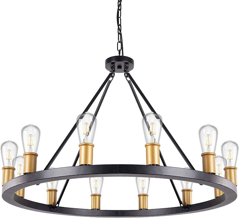 Photo 1 of Wellmet Foyer Chandelier Light Fixture, 12 Lights Black Wagon Wheel Large Chandeliers for Kitchen Island, Hanging Modern Farmhouse Pendant Ceiling Lighting for Dining Room, Living Room, Hallway,35”-W
