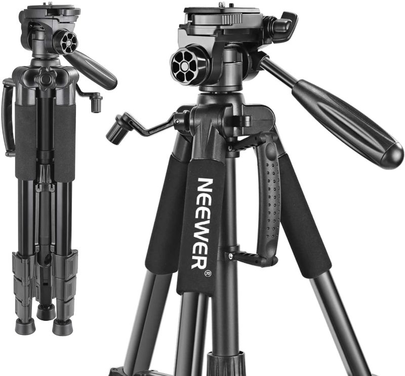 Photo 1 of Neewer Portable 56 inches/142 centimeters Aluminum Camera Tripod with 3-Way Swivel Pan Head,Bag for DSLR Camera,DV Video Camcorder Load up to 8.8 pounds/4 kilograms Black(SAB234)
