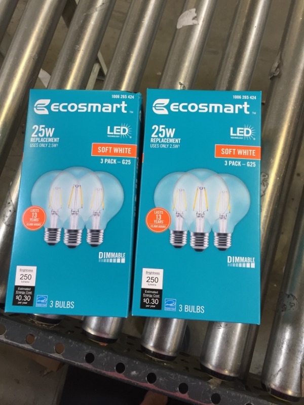Photo 2 of 2 PACK ECOSMART 25-Watt Equivalent G25 Dimmable Globe Clear Glass Edison Filament LED-Light Bulb Soft White (3-Pack)

