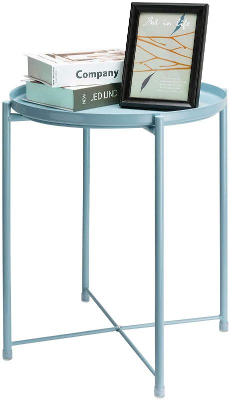 Photo 1 of danpinera Side Table Round Metal, Outdoor Side Table Small End Table Indoor Accent Table Round Metal Table Waterproof Removable Tray Table for Living Room Bedroom (Gray Blue)
