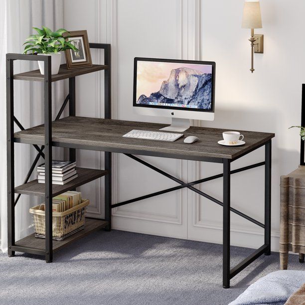 Photo 1 of HOMEMAXS Computer Desk with Bookshelf Simple Morden Style Reading Writing Desk Laptop Table for Home Office Living Room 120x65x120cm (Rustic Gray)
