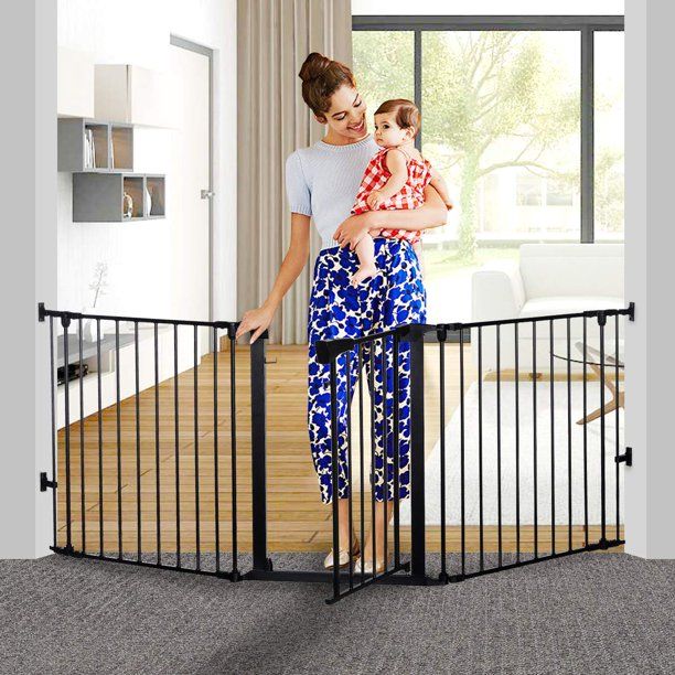 Photo 1 of KingSo 33"-80" Extra Wide 30" Tall Adjustable Auto Close Metal Pressure Open Area Baby Gate with Swing Door For Doorway Stairs, Long Large, Black
