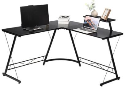 Photo 1 of L-Shape Corner Desk Computer Lpatop Gaming Desk Table Modern Sturdy Table with Removable Shelf for Office Home Bedroom - Black
