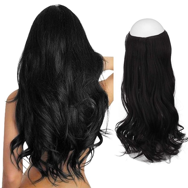 Photo 1 of Sofeiyan Curly Wavy Halo Hair Extensions 18 Inch Synthetic Hairpieces Invisible Secret Wire Crown Hair Extensions for Women No Clip, off Black
