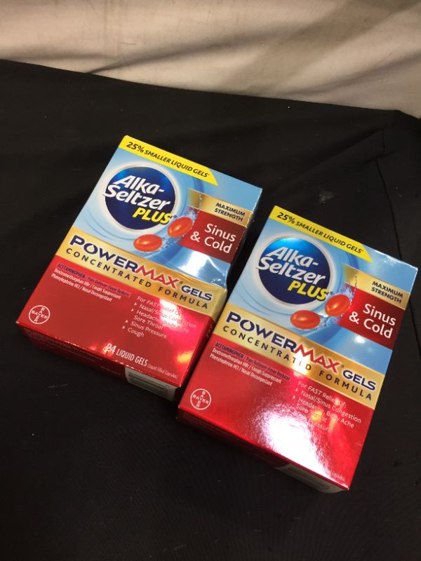 Photo 2 of 2 packs of ALKA-SELTZER PLUS Maximum Strength PowerMax Sinus and Cold Medicine, Liquid Gels For adults with Pain Reliever, Fever Reducer, Cough Suppressant, Nasal Decongestant, 24 Count 10/2021
