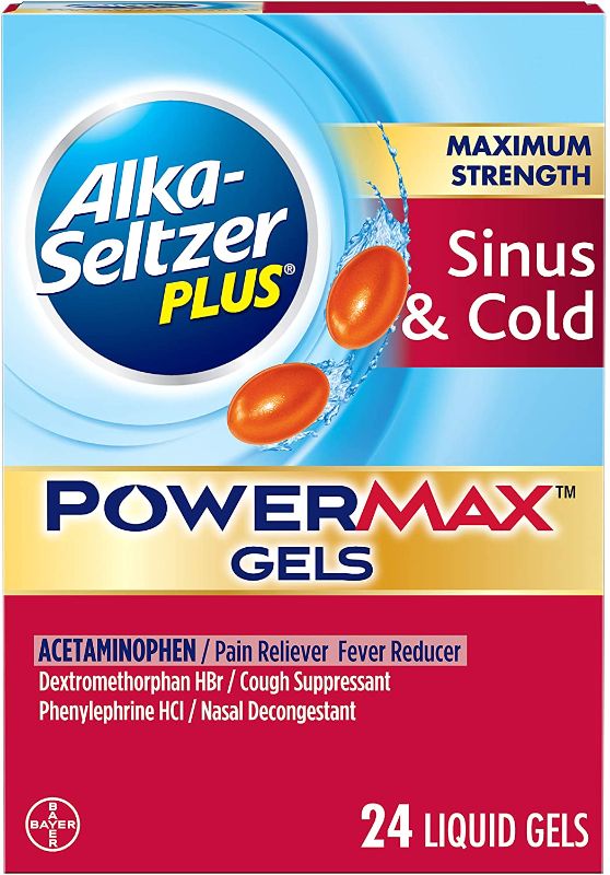 Photo 1 of 2 packs of ALKA-SELTZER PLUS Maximum Strength PowerMax Sinus and Cold Medicine, Liquid Gels For adults with Pain Reliever, Fever Reducer, Cough Suppressant, Nasal Decongestant, 24 Count 10/2021
