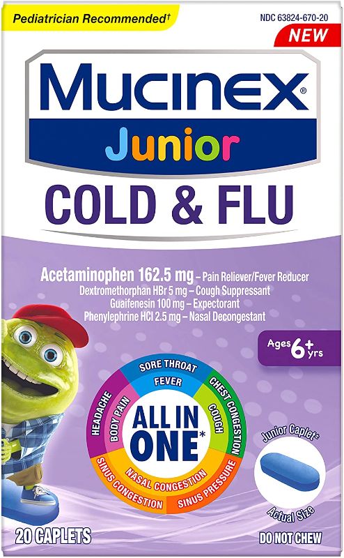Photo 1 of 2 packs Nasal Decongestant, Cough Suppressant & Expectorant, Mucinex Junior Cough & Congestion Caplets and Children's Tylenol Dissolve Powder Packets with 160 mg Acetaminophen, Wild Berry, 30 ct

