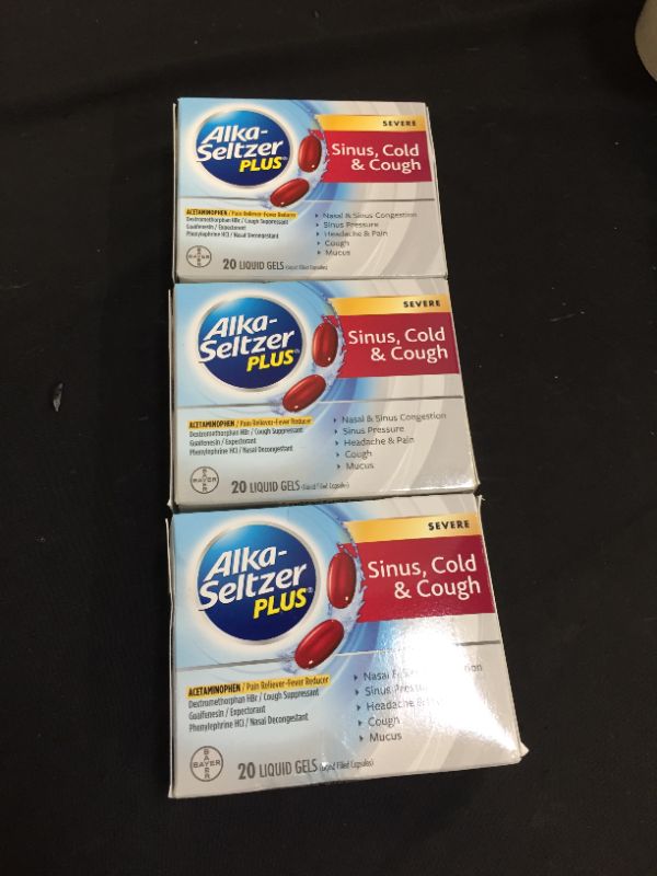 Photo 2 of 3 packs of Alka-Seltzer Plus Severe Sinus, Cold & Cough Liquid Gels, 20 Count 06/2021
