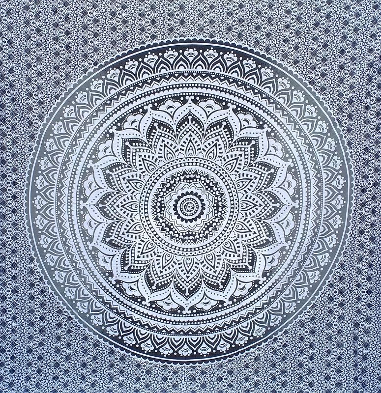 Photo 1 of Bless International Indian Traditional Mandala Hippie Wall Hanging, Cotton Tapestry Ombre Bohemian Bedspread (Queen(84x90 Inches)(215x230 cm), Grey/Black)

